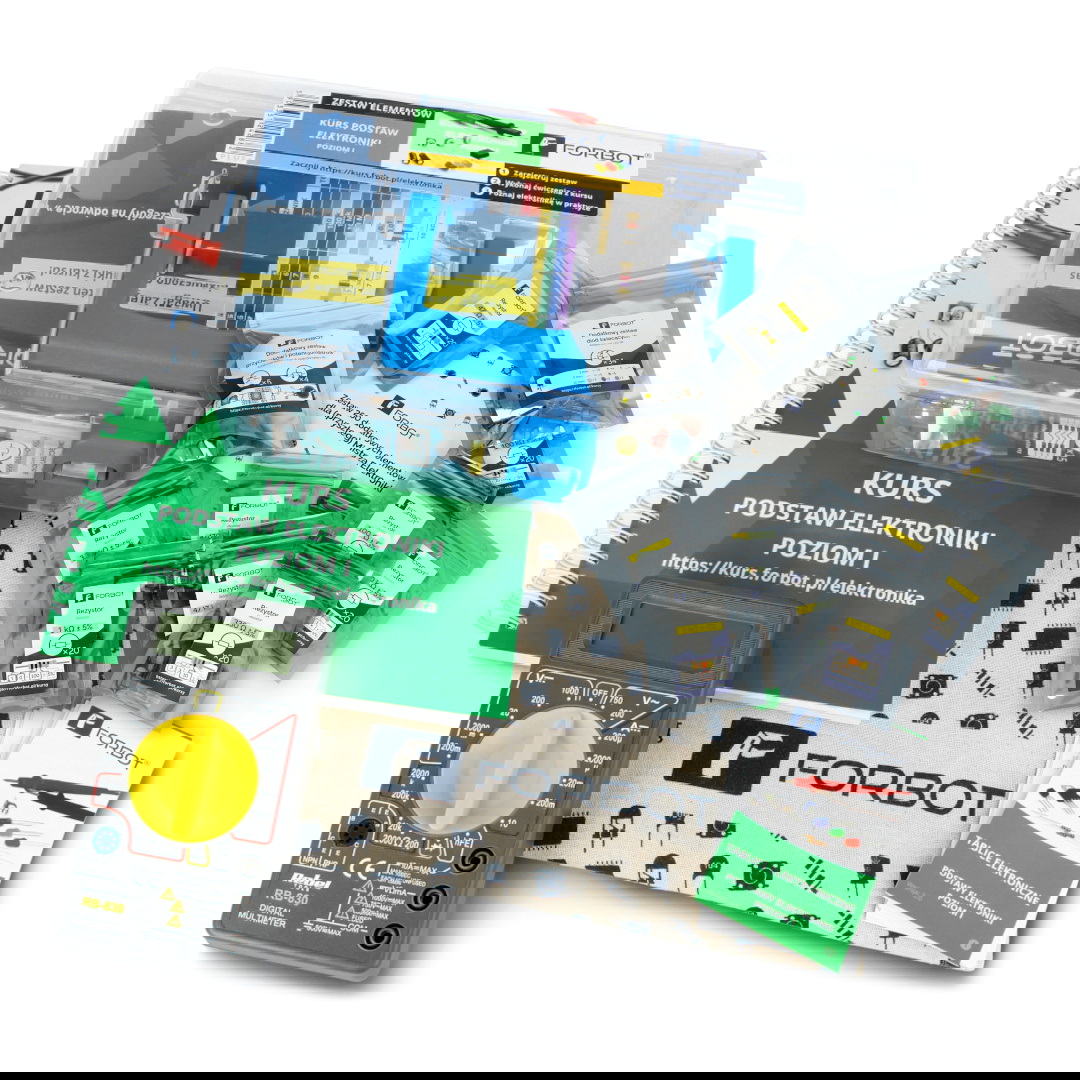 FORBOT - zestaw prezentowy: kurs elektroniki (elementy, książka, tablice, miernik)